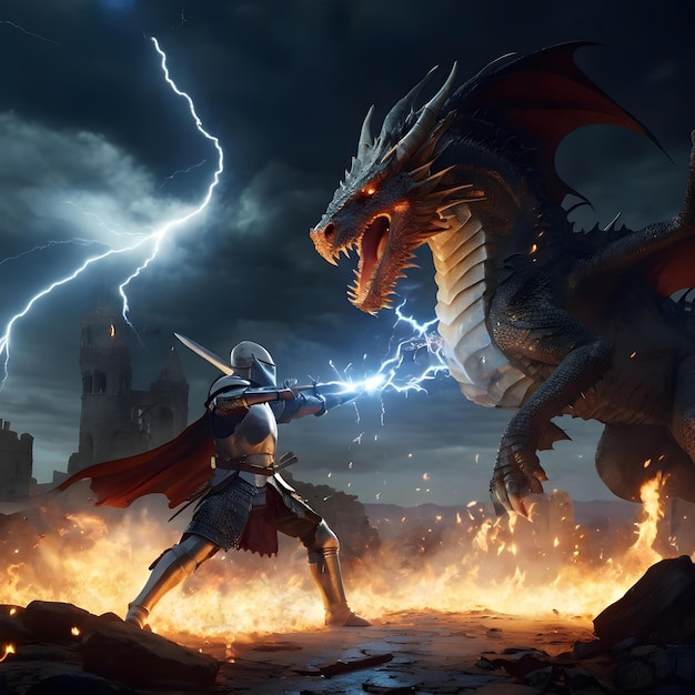Foto visualizar una escena de batalla dramática con un caballero luchando contra un dragón en ruinas de fuego con relámpagos