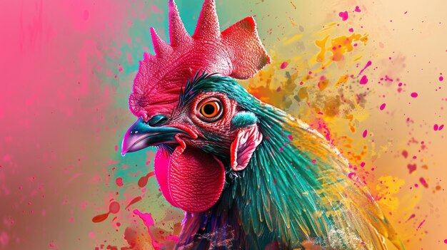 Visualizar un pollo transformado en una obra maestra surrealista con salpicaduras de neón y colores pastel que desafían los límites del arte tradicional Establezca esta figura contra una espalda de IA generativa