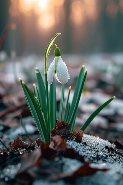Foto visualize um martisor simples e elegante ao lado de uma única gota de neve em flor