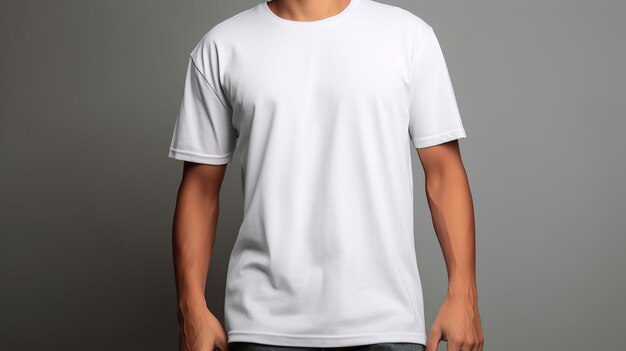 Visualize uma camiseta profissional branca em um modelo em branco com fundo sólido.