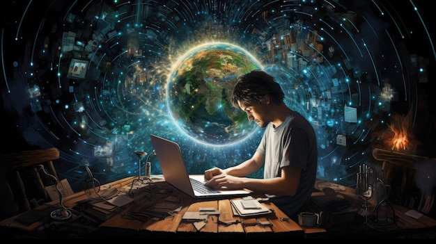 visuelle Interpretation einer Person an ihrem Computer, die mit Technologie arbeitet