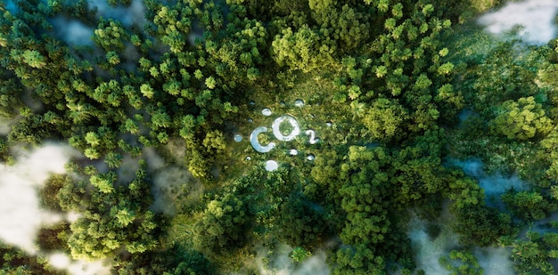 Visuelles Konzept der CO2-Emissionen und ihrer Umweltauswirkungen, dargestellt durch einen in einem Wald gelegenen Teich