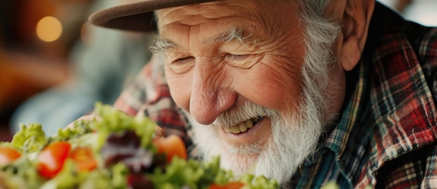 Vitalität einfangend, eine herzerwärmende Darstellung eines fröhlichen älteren Menschen, der durch die richtige Ernährung einen gesunden und glücklichen Lebensstil führt und in seinen goldenen Jahren Freude und Wohlbefinden ausstrahlt