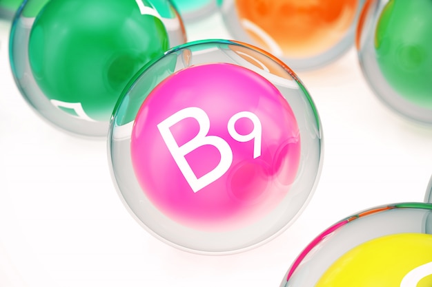 Vitamin B9, isoliert auf Weiß. Symbol für Gesundheit und Langlebigkeit, 3D-Rendering