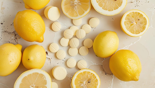 Vitamin-C-Spritztabletten und Zitronen auf einem beige Grunge-Tisch