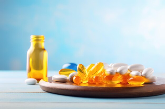 Vitamin-D-Ergänzungsmittel auf weißem Tisch vor blauem Hintergrund