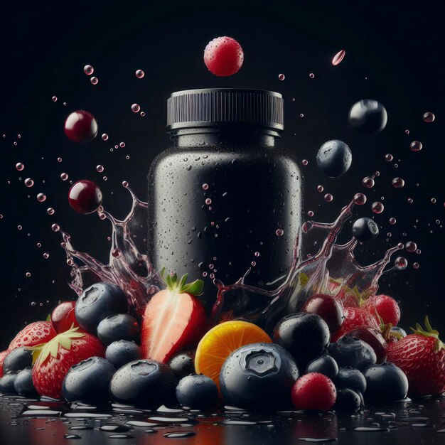 Vitamin-Frucht-Ergänzung schwarze leere Flasche unter Geschmack Splash Beeren isoliert auf schwarzem Hintergrund ai generativ