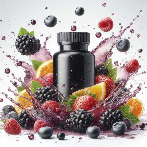 Vitamin-Frucht-Ergänzung schwarze leere Flasche unter Geschmack Splash Beeren isoliert auf weißem Hintergrund ai generativ