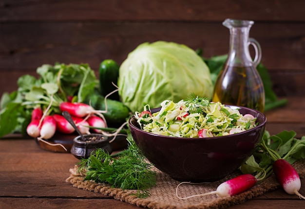 Vitamin Salat von jungen Gemüse: Kohl, Rettich, Gurke und frische Kräuter