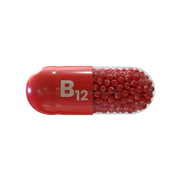 Vitamina B12 com grânulos de cápsulas vermelhas e fundo branco