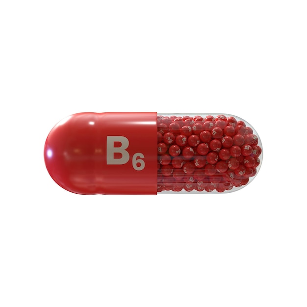 Vitamina B6 com grânulos de cápsulas vermelhas e fundo branco