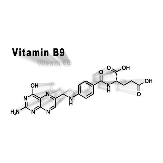 Vitamina B9, ácido fólico, fórmula química estructural sobre fondo blanco