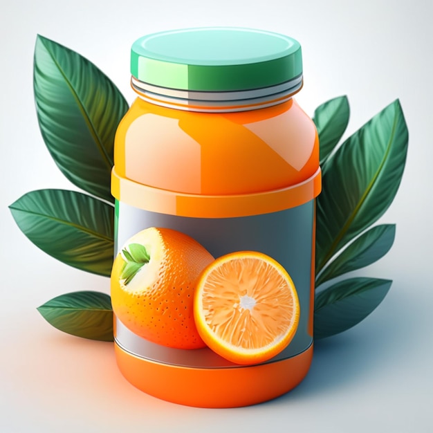 vitamina c en un recipiente de plástico colorido y naranjas con hojas verdes sobre fondo blanco