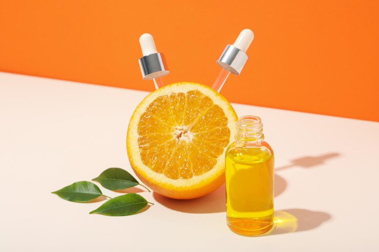 Vitamina C en suero líquido con cítricos.