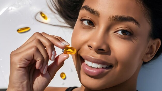 Foto vitamina y suplemento primer plano de una hermosa mujer joven tomando píldora de aceite de pescado amarillo