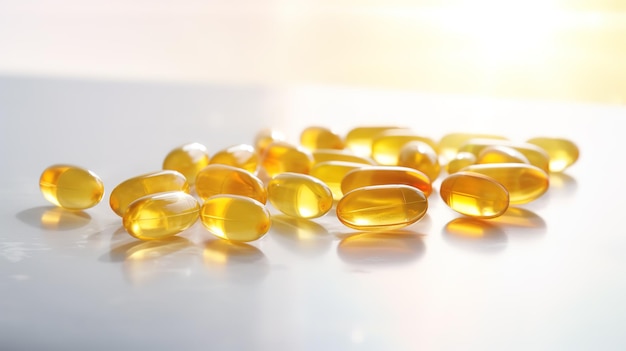 Vitaminas amarelas transparentes sobre um fundo claro Vitamina D ômega 3 ômega 6 Óleo de suplemento alimentar