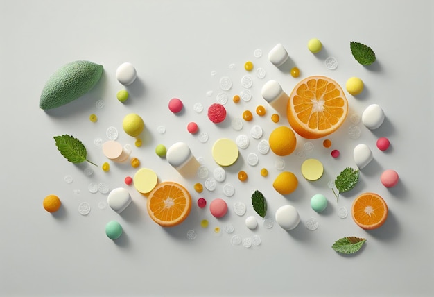 Vitaminas e minerais na forma de comprimidos estão sobre um fundo branco gerado por IA