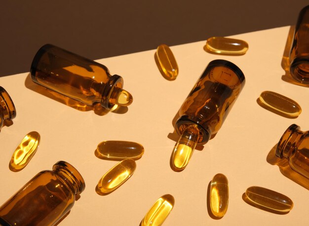 Las vitaminas en tabletas necesarias para la inmunidad y las botellas de vidrio para medicamentos se encuentran en la superficie soleada. Tratamiento, mantenimiento de una forma saludable, medicina.