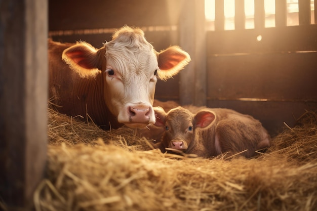 Vitelho e vaca na fazenda Conceito de pecuária Vitelho recém-nascido e vaca-mãe deitados dentro da fazenda de gado AI Gerado