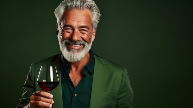 El viticultor alegre un hombre de raza mixta ofreciendo una copa de vino rojo con una sonrisa genuina en verde es