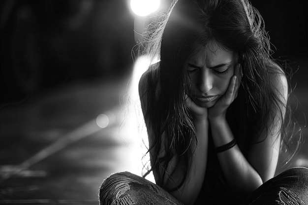 vítima de violência jovem triste e deprimida sentada no chão e chorando