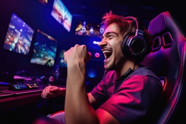 Foto vitória na arena digital jogador profissional de esports comemora o sucesso