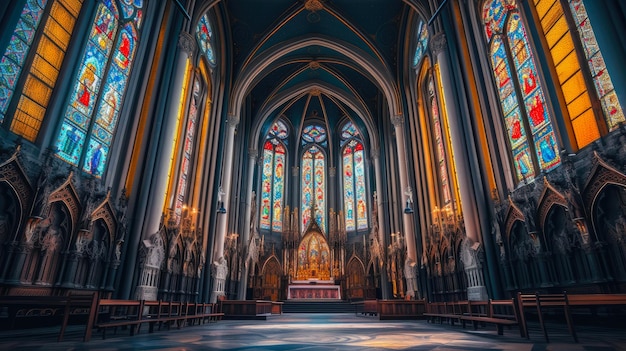 Vitrais intrincados numa catedral gótica