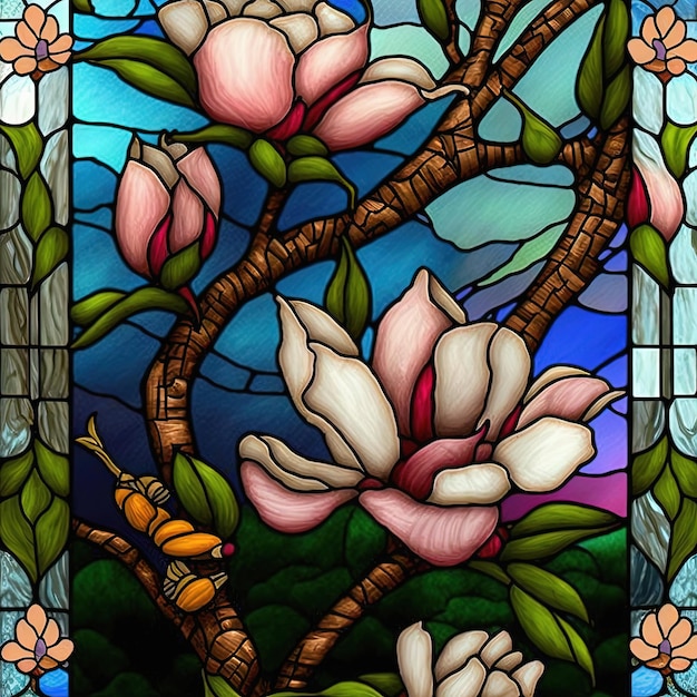 Vitral com flores de magnólia generative ai