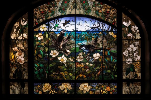 Vitral con un mosaico de flores, pájaros e insectos creado con ai generativo