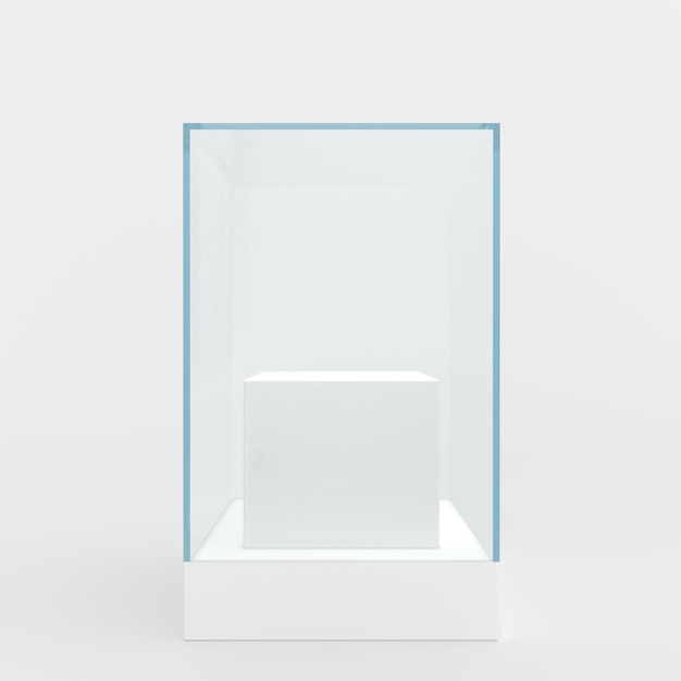 Foto vitrina de cristal en el centro del podio. fondo gris