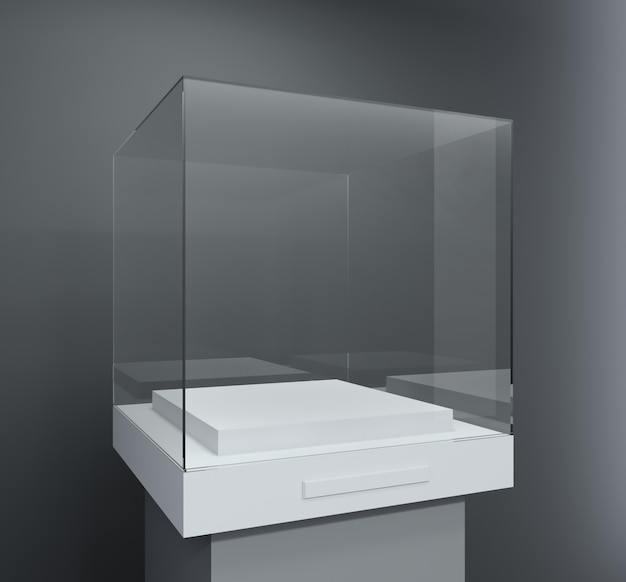 Foto vitrina de cristal en forma de cubo.