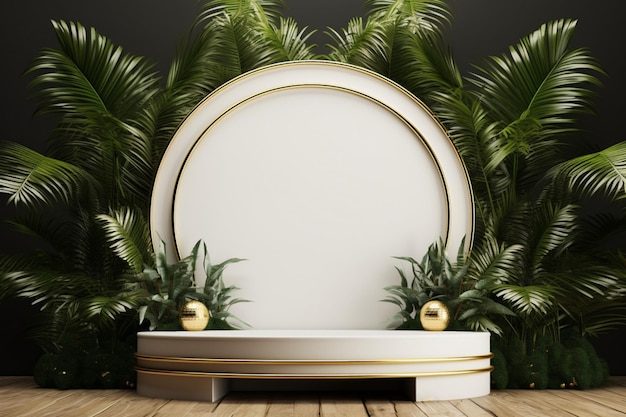 Vitrina elevada con representación 3D de un podio de oro blanco acentuado por exuberantes hojas de palmera