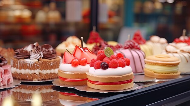 una vitrina llena de una asombrosa variedad de pasteles deliciosos adornados con adornos deliciosos