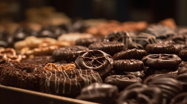 una vitrina llena de dulces bañados en chocolate como malvaviscos y pretzels