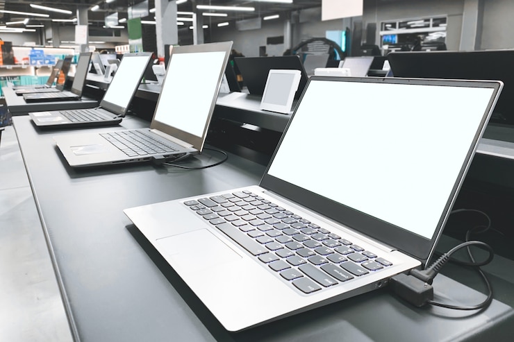 Foto vitrina de mesa con laptops en la tienda de tecnología. elegir y comprar una computadora portátil en una tienda de tecnología.