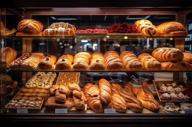 Vitrina de panadería con pan y productos de pastelería