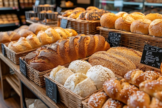 Vitrina de panadería con pan y productos de repostería.