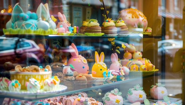 Una vitrina de panadería con temática de Pascua