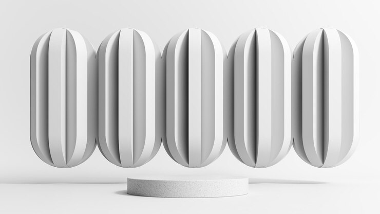 Vitrina de podio de piedra minimalista con formas abstractas en 3D