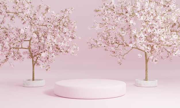 Vitrina de podio de producto rosa cilindro de estilo minimalista con cerezo en flor