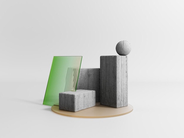 Vitrina de podio con vidrio de color hecho de piedra y cemento 3d render Brutalist estilo de soporte