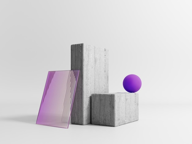 Vitrina de podio con vidrio de color hecho de piedra y cemento 3d render Brutalist estilo de soporte