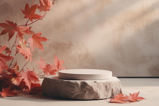 Vitrina de productos inspirada en la naturaleza Mockup de podio de piedra adornado con hojas secas para productos cosméticos D