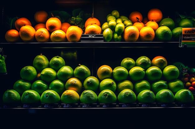 Vitrina de supermercado con cajas de madera de verduras una red neuronal generada