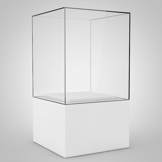 Vitrina de vidrio de promoción vacía con pedestal sobre un fondo blanco. Representación 3D