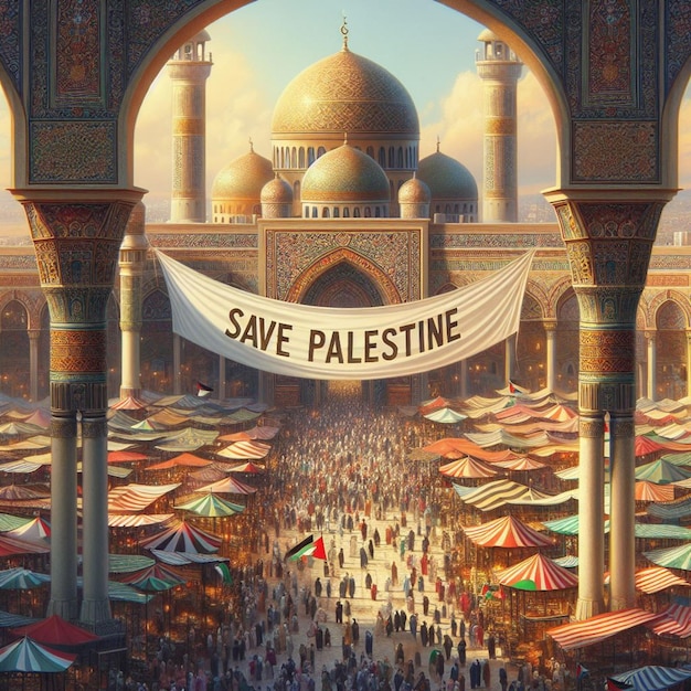 Las vitrinas de arte digital salvan el estandarte de Palestina del minarete de la mezquita sobre el bullicioso mercado