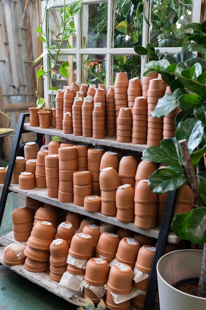 Vitrine com diferentes vasos de terracota para as flores na loja de plantas