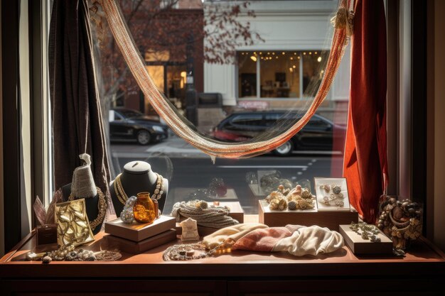 Vitrine com lenços e cintos de joias para a temporada de festas criadas com IA generativa