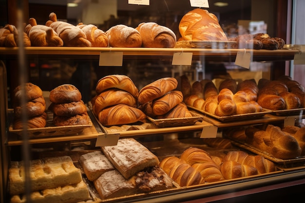 Vitrine com pão fresco e bolinhos na padaria IA gerativa