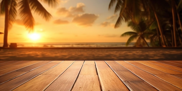Vitrine de exibição de produto de mesa de madeira vazia palco tropical verão pôr do sol fundo de bar de praia